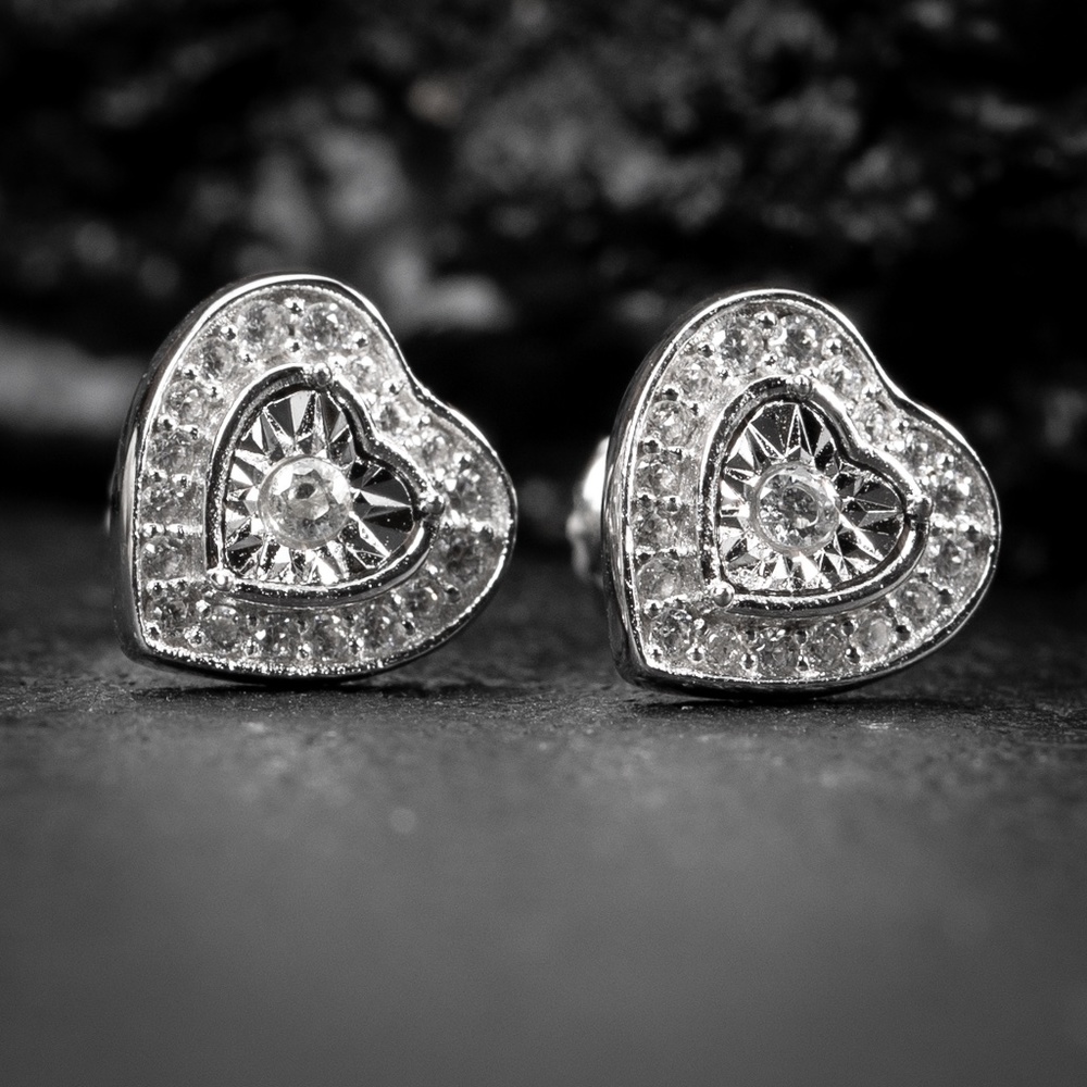 Women’s Small Cute Miracle Set White Gold  Sterling Silver  Heart Stud Earrings